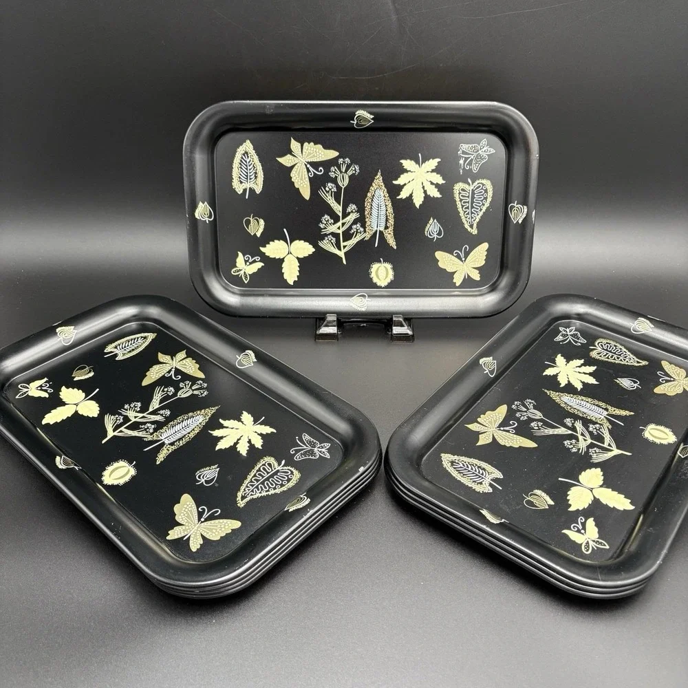 MCM Metal Trays Serving Platters Butterflies Leaves Flowers Black Gold 1960 8pc